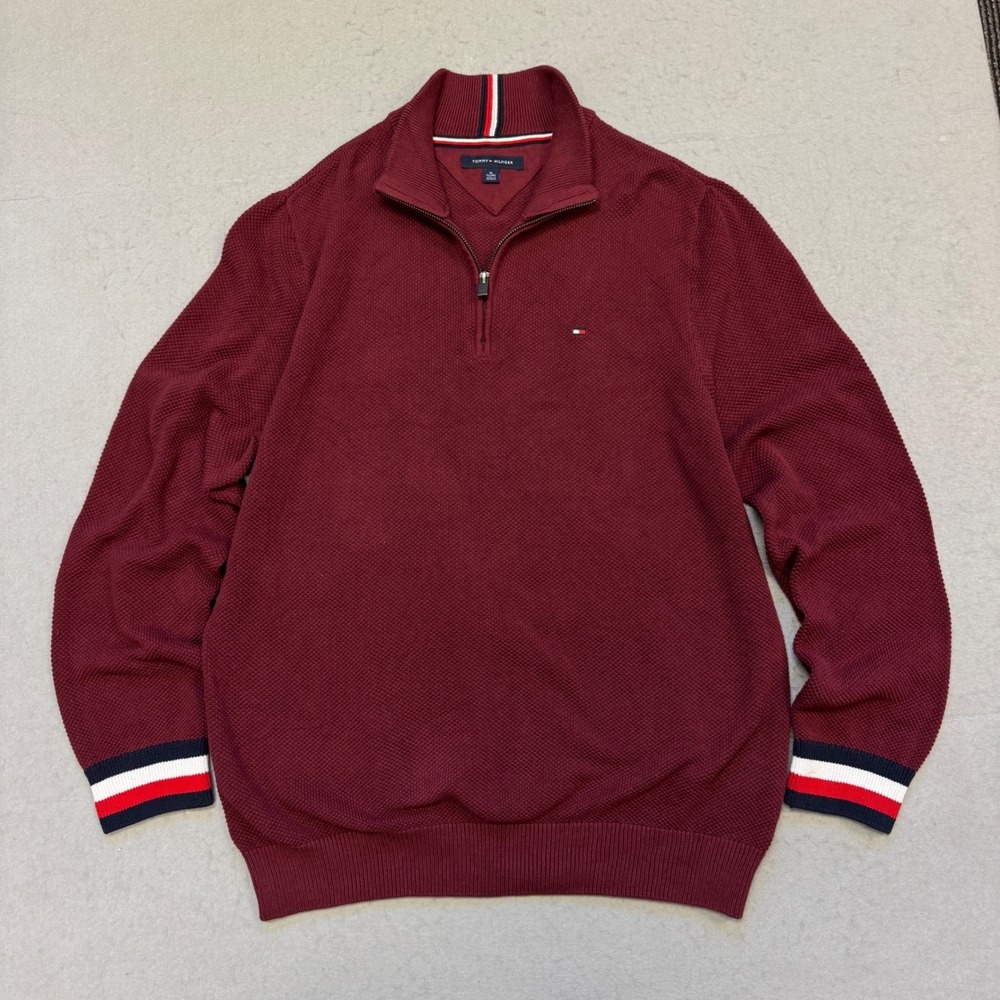 Tommy Hilfiger Quarter Zip Sweater Mens XL Burgundy Waffle Knit 78J1687 Academia
